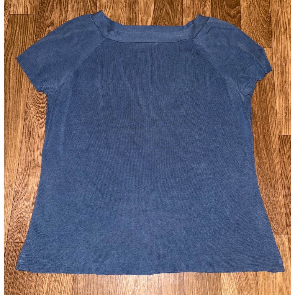 Ann Taylor Petite‎ Blue Silk Cotton Ribbed Square Neck Short Sleeve Knit Top LP